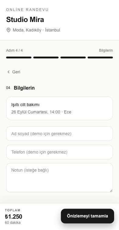 Ayır demosunda seçilen hizmet, personel ve saati gösteren randevu özeti