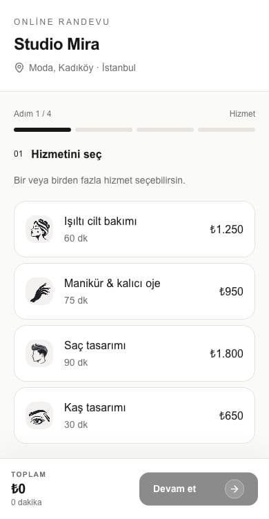 Ayır demosunda hizmet ve süre seçimi ekranı