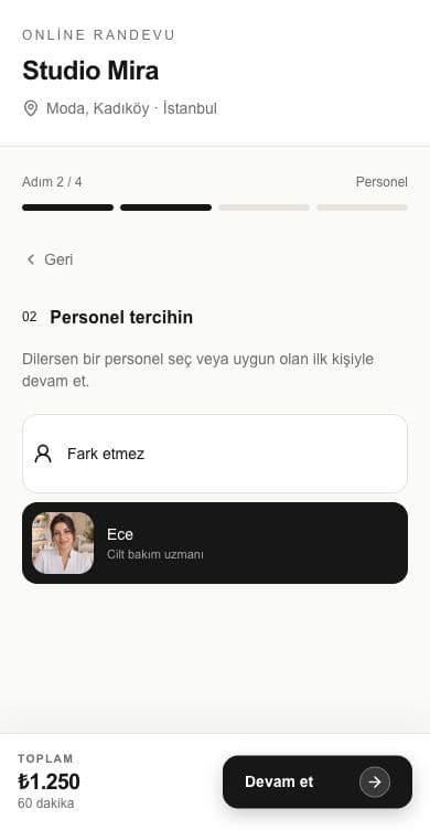 Ayır demosunda hizmete uygun personel seçimi ekranı
