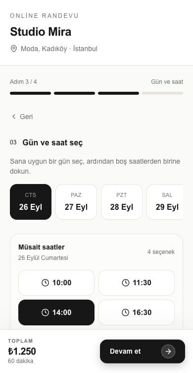 Ayır demosunda boş gün ve saat seçimi ekranı