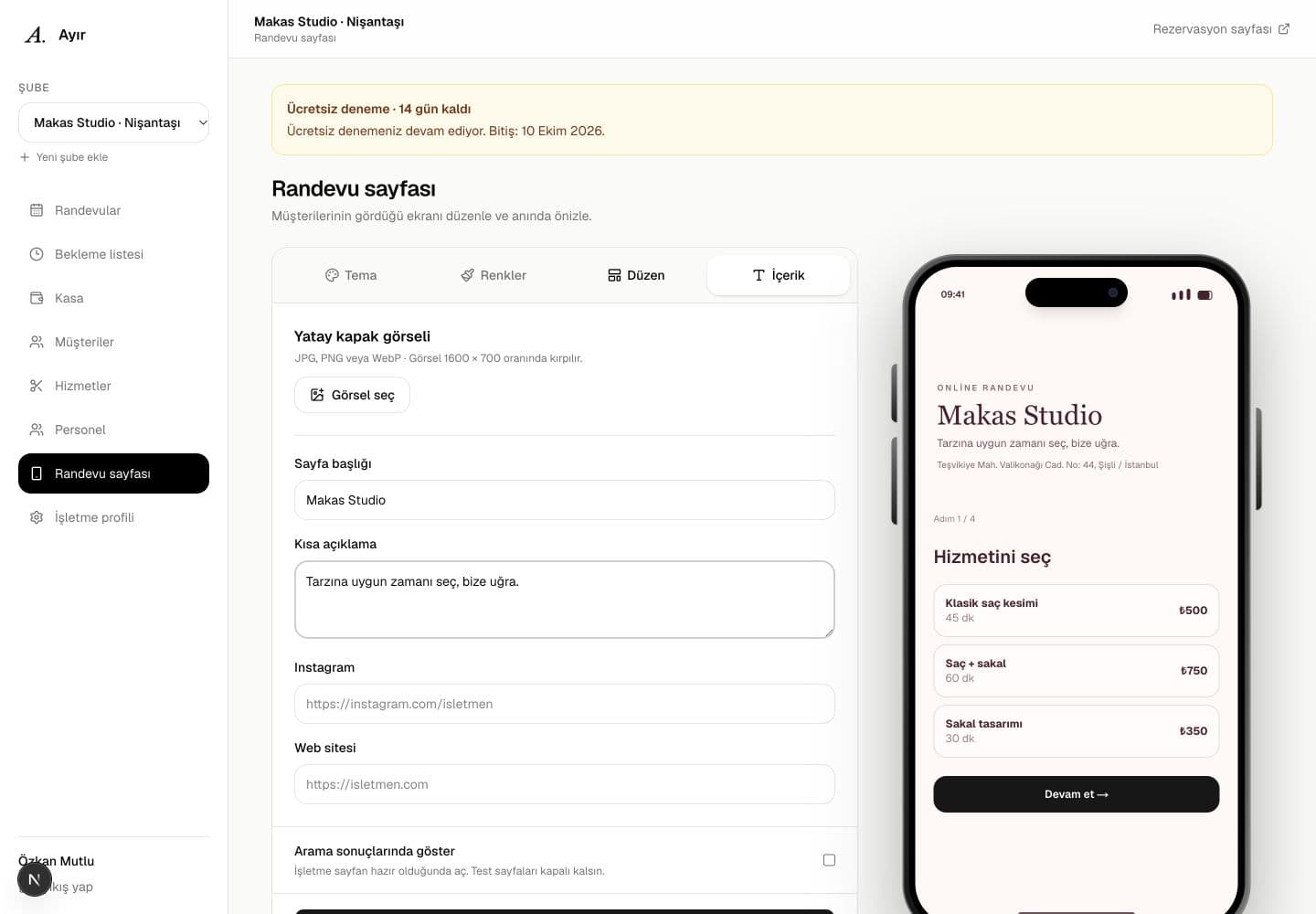 Ayır işletme panelinde müşterilerin göreceği online randevu sayfası ayarları