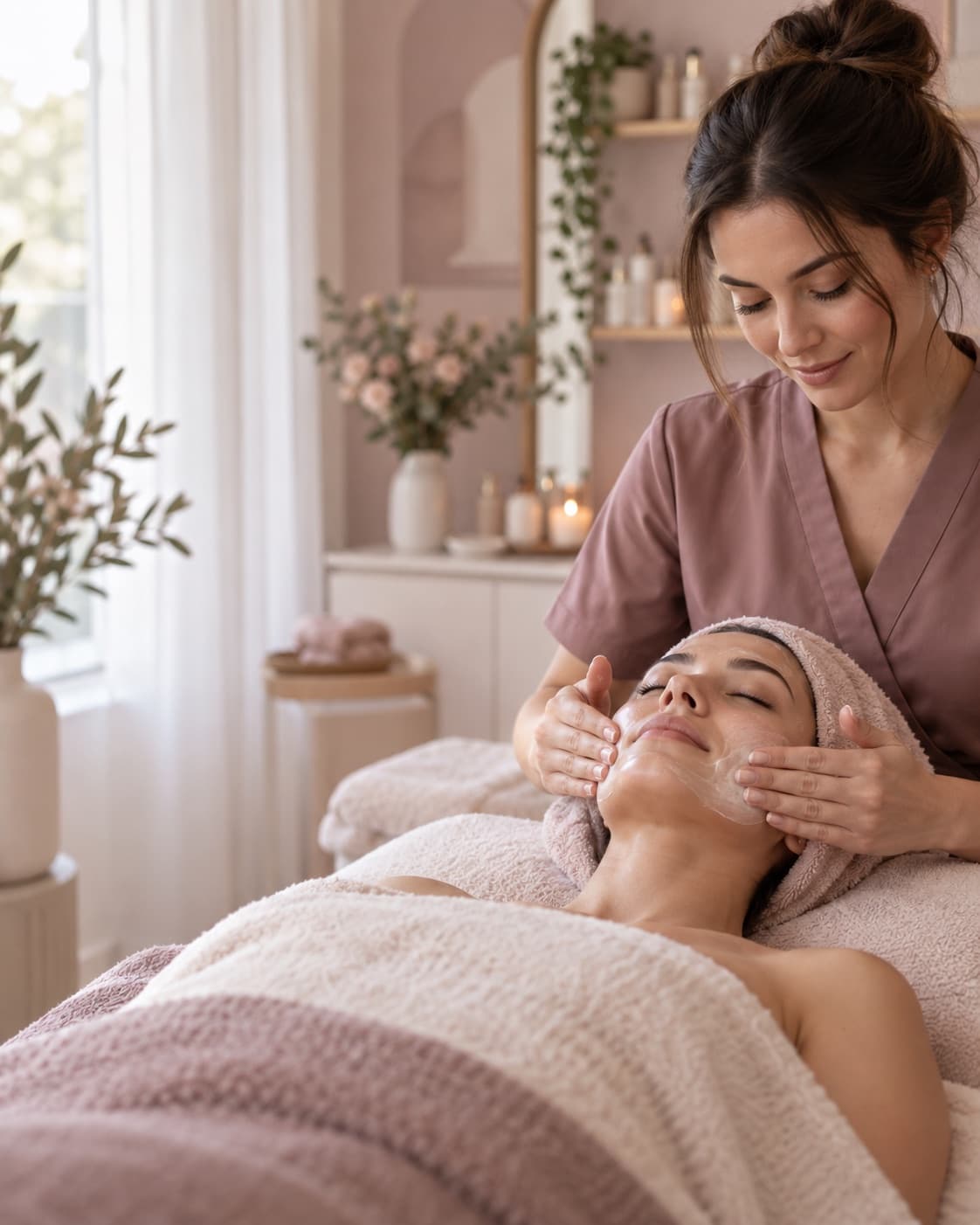 Güzellik uzmanının müşterisine cilt bakımı yaptığı sakin salon
